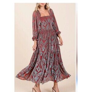 Fate Curve Women's Brick Red/Teal Burnout Velvet Midi Maxi Dress Size Small